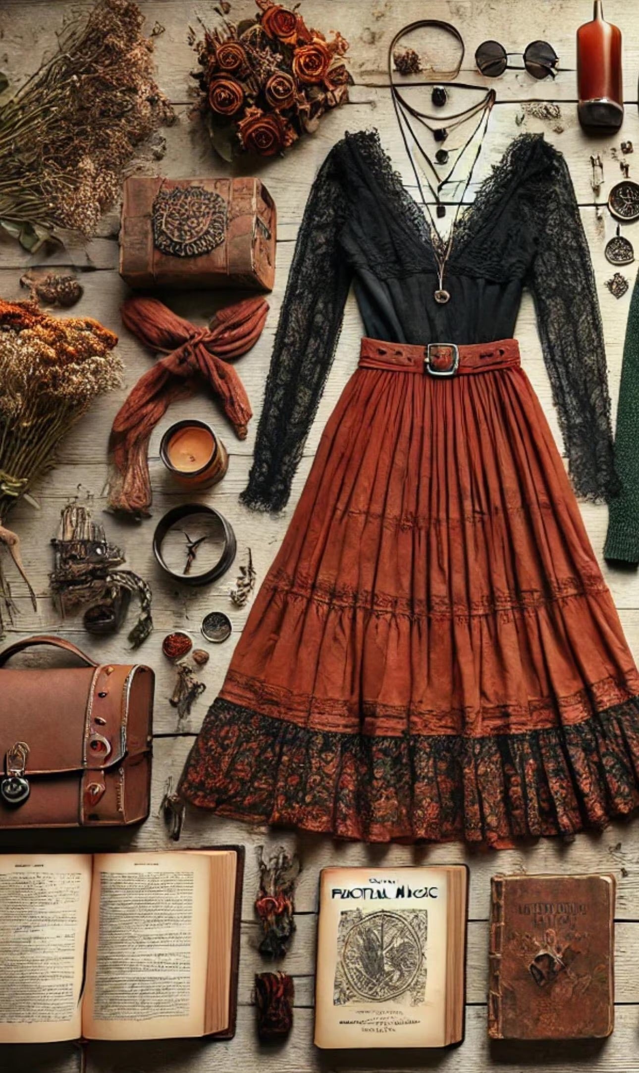 green emerald velvet dress Fall Witchcore Thrifted Clothing Bundle Cottage Witch Autumn Outfit Se