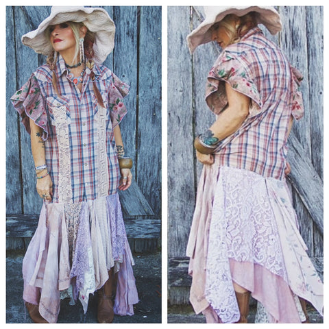 Country cottage chic plaid dress, romantic lace, ruffles cottage core size large