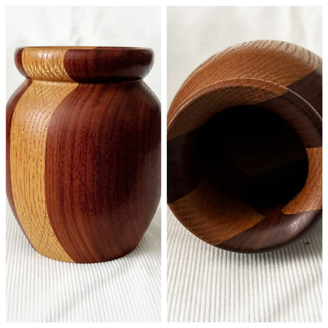Multi wood small vase, artisan made one of a kind