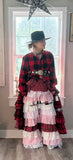 Red flannel boho country chic duster jacket, M cottage core