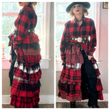 Red flannel boho country chic duster jacket, M cottage core