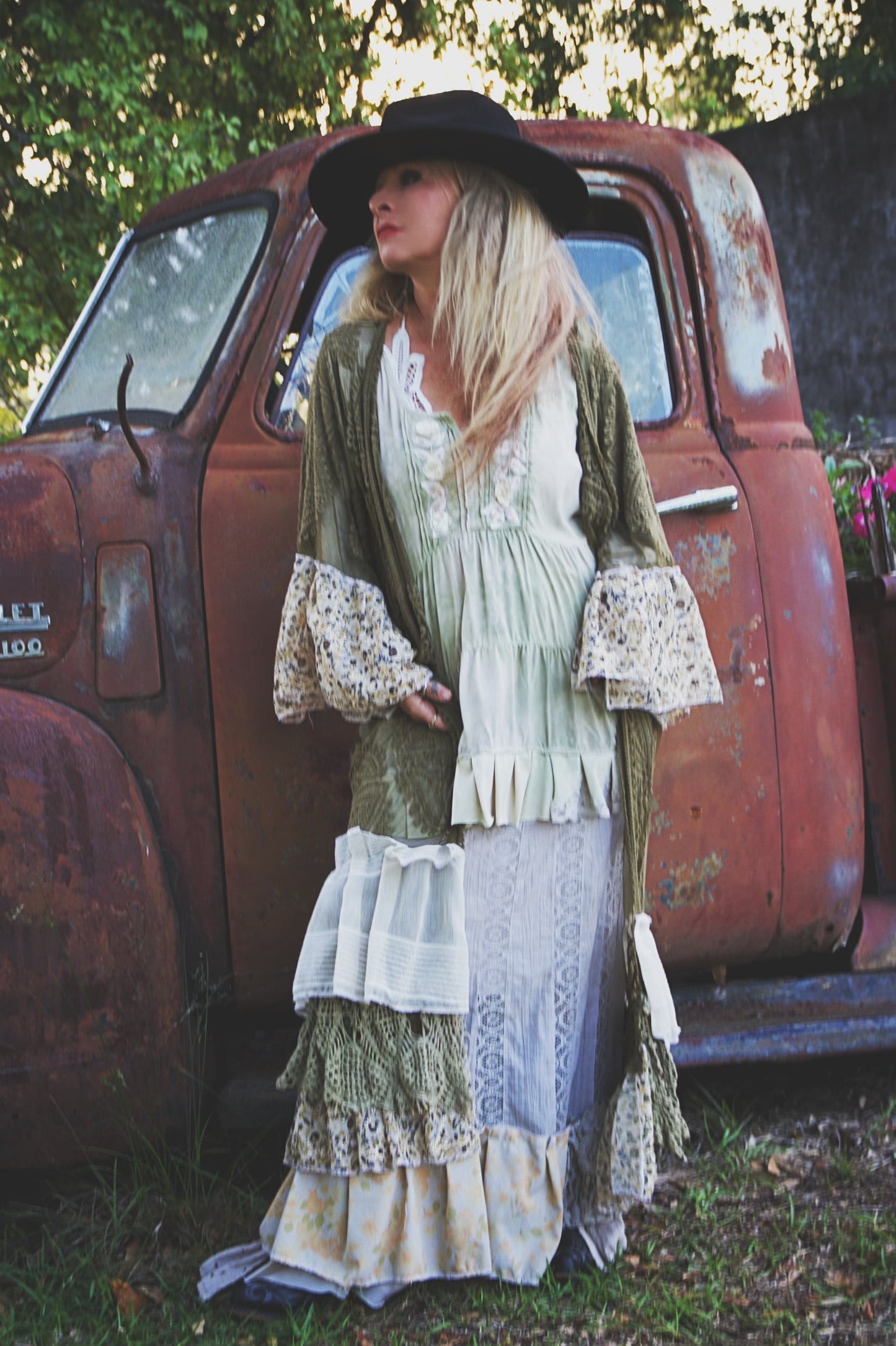 Boho gypsy sage green kimono, lace duster M L