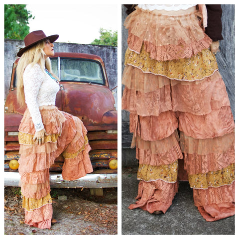 Small sippin whisky cottage core ruffle pants, wide leg pants, shabby lovers