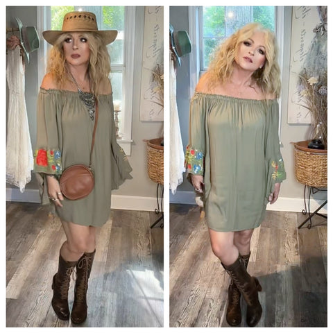 Boho gypsy Off the shoulder bell sleeve tunic dress, sage green M