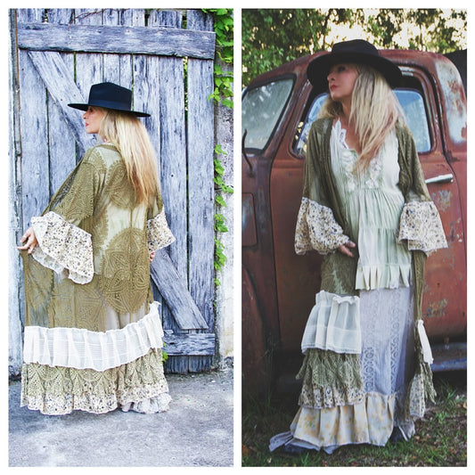 Boho gypsy sage green kimono, lace duster M L