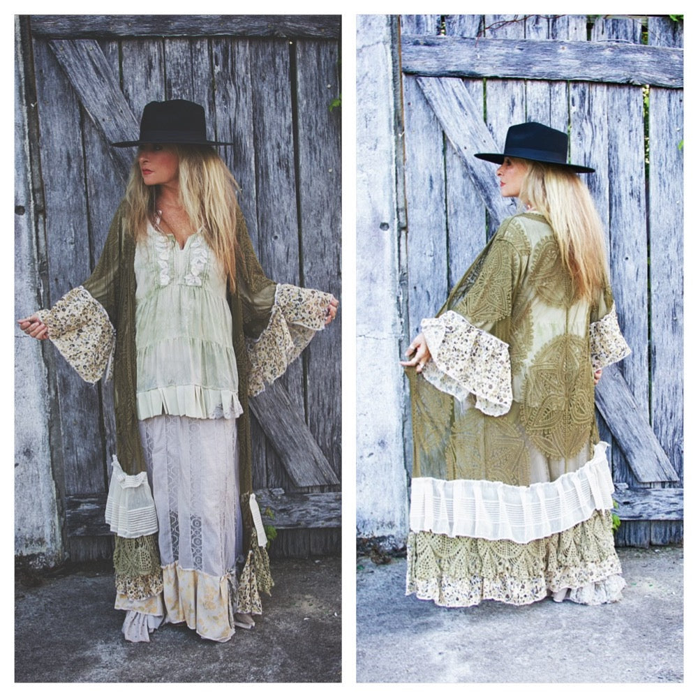 Boho gypsy sage green kimono, lace duster M L