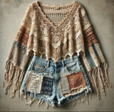 Boho fringed top crochet hippie chic one of a kind shirt M L