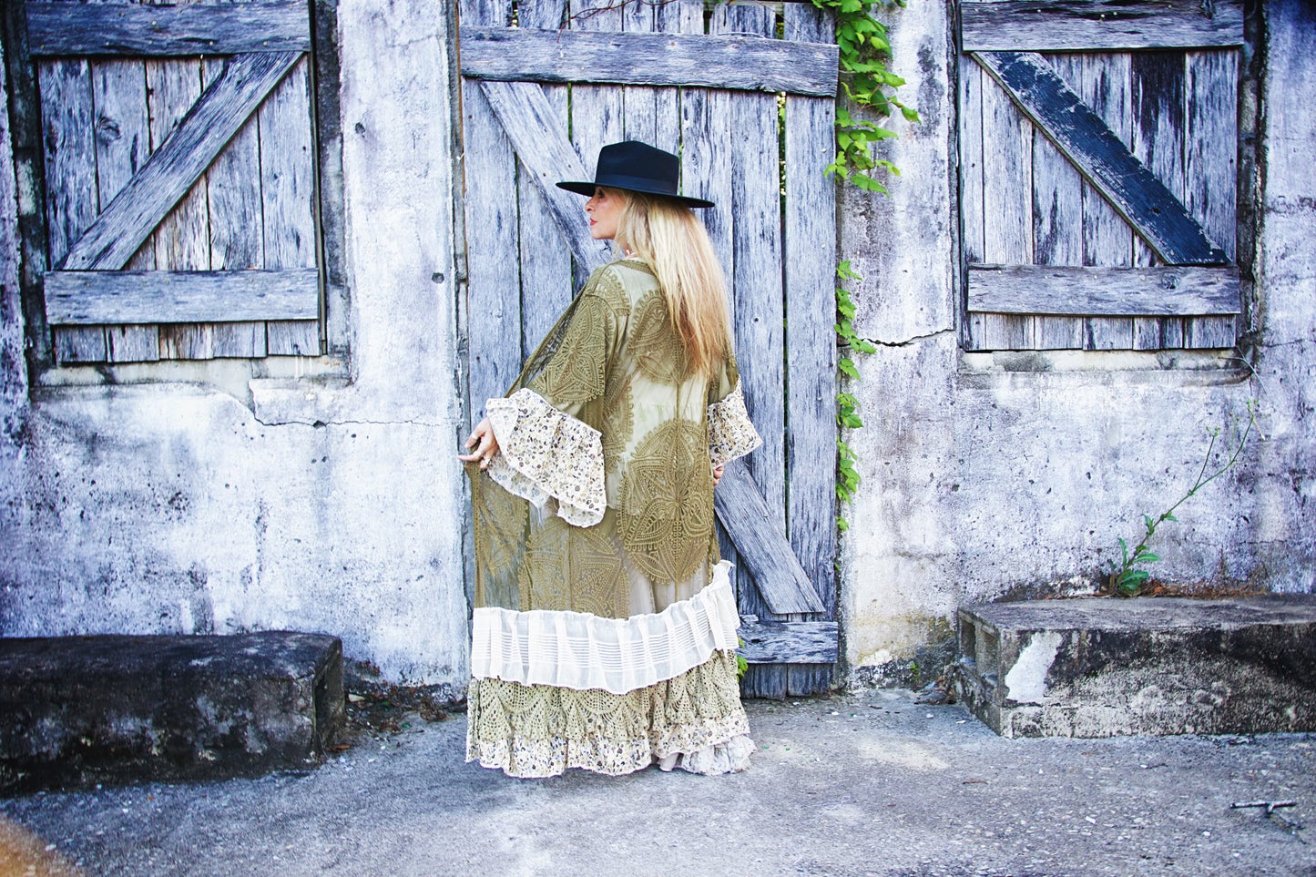 Boho gypsy sage green kimono, lace duster M L