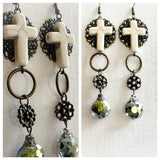 Cross and crystal drop artisan earrings, one of a kind