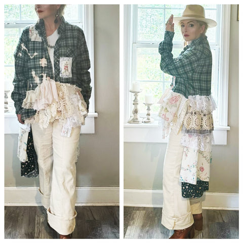 Hi low flannel duster kimono, bohemian crochet lace, cottage core whimsy Med Large