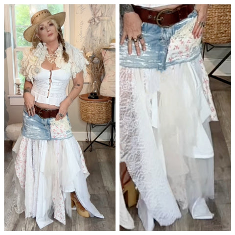 Bohemian gypsy lace and tulle maxi ~ sippin whisky denim skirt M