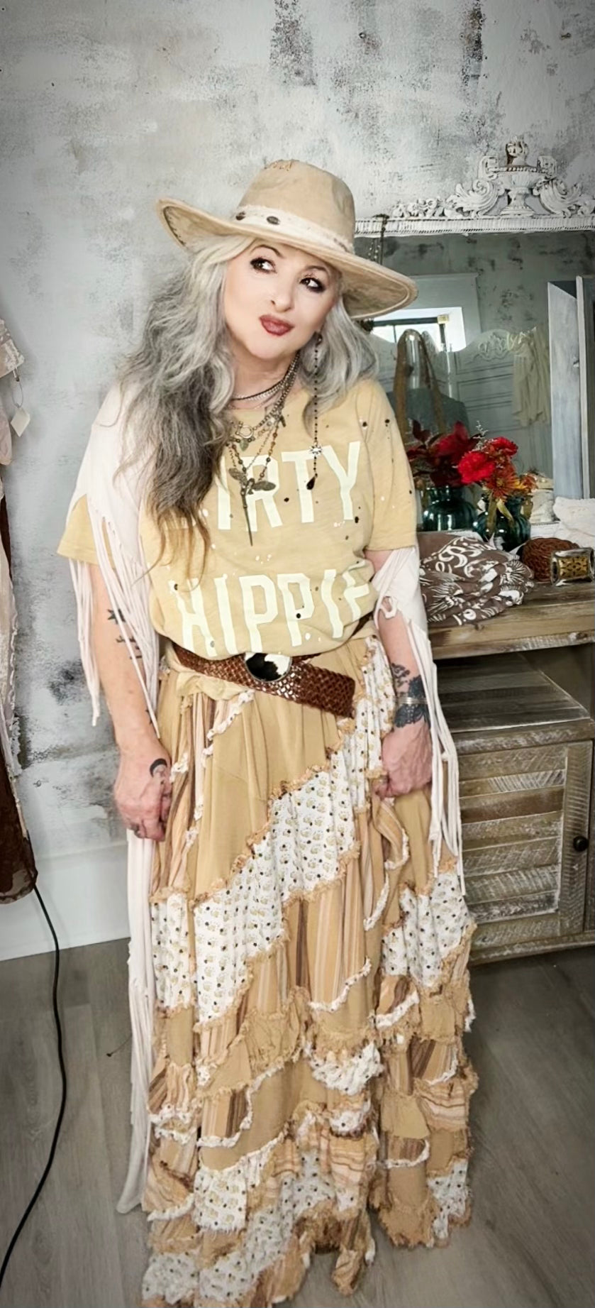 Darcy wearing the Dirty Hippie Distressed Tee and The Evening Paths Dress