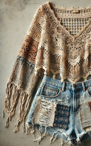 Boho fringed top crochet hippie chic one of a kind shirt M L