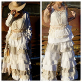 Crème chic French ruffle flares, lace linen and French ticking M
