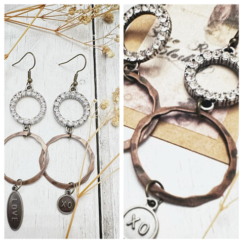 Xoxo love crystal hoop earrings, artisan jewelry, handmade boho jewelry