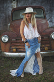 Denim skirt, distressed asymmetrical jean skirt with lace, M L